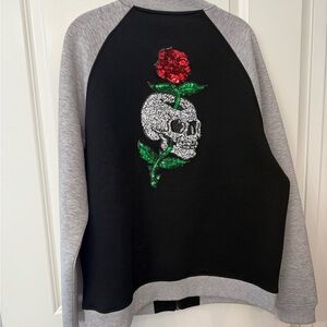 Skull and Rose Sequin Embellished Raglan Black and Gray Zip-Up Jacket